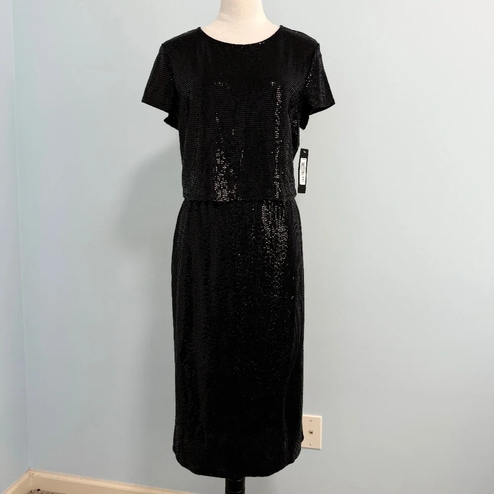Bebe 2 piece Black Sequin set-cropped short sleeve Top and midi skirt‎ Size XL